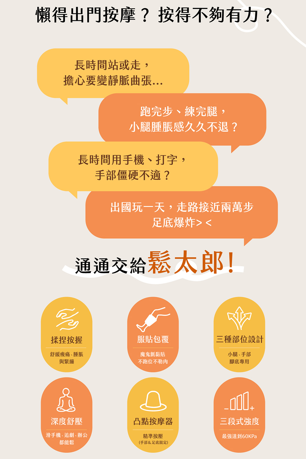 三種部位設計 手部、小腿、足部專用 凸點按摩器精準按壓 深度紓壓